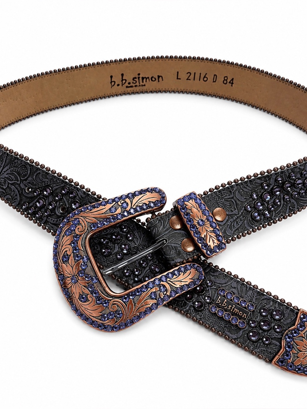 B.B. Simon Embossed Leather Belt with Copper Floral Buckle Purple Rhinestone NWT
